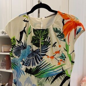 Roberto Cavalli Cream Tropical Print Cap-Sleeve Top with Blue, Green & Orange